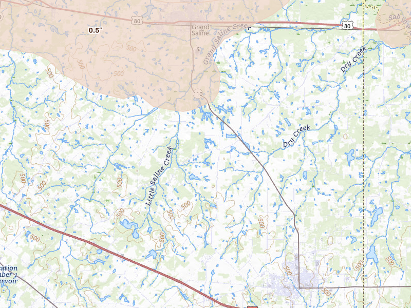 Radar-estimated hail-size map of the storm over Grand Saline, TX on Apr 24, 2026