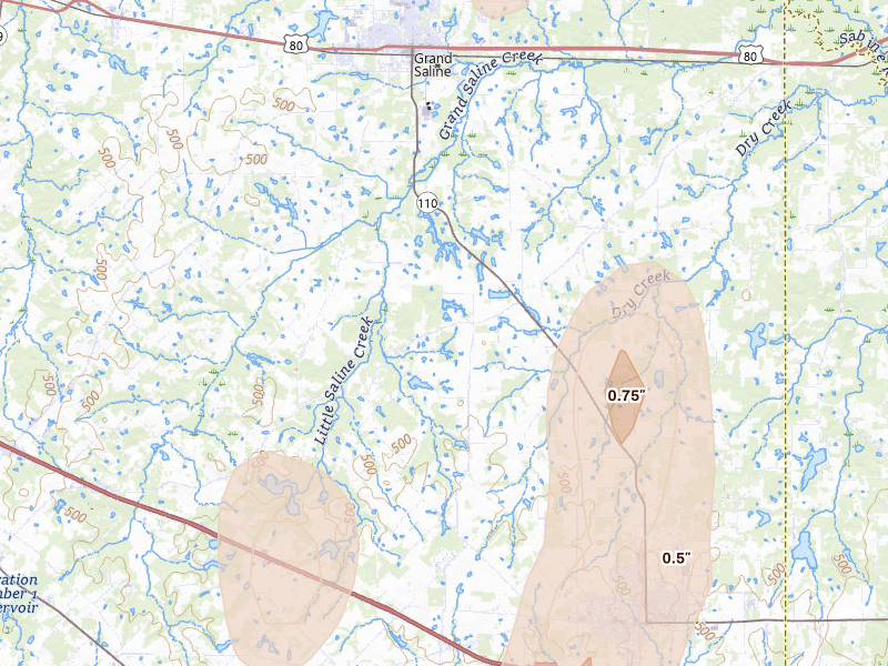 Radar-estimated hail-size map of the storm over Grand Saline, TX on May 22, 2026
