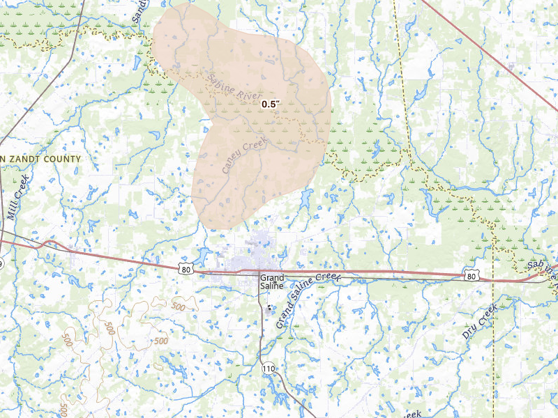 Radar-estimated hail-size map of the storm over Grand Saline, TX on Aug 7, 2026