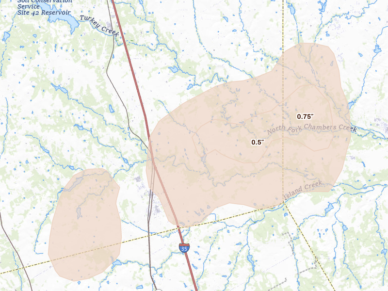 Radar-estimated hail-size map of the storm over Grandview, TX on May 22, 2026
