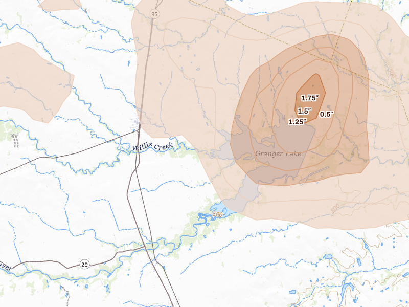 Radar-estimated hail-size map of the storm over Granger, TX on May 10, 2026