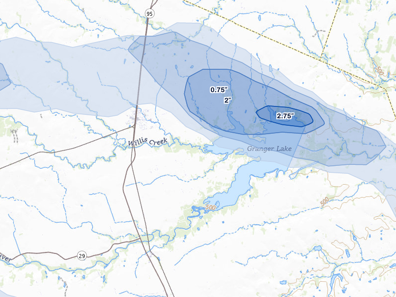 NEXRAD radar-signature map of the hail over Granger, TX