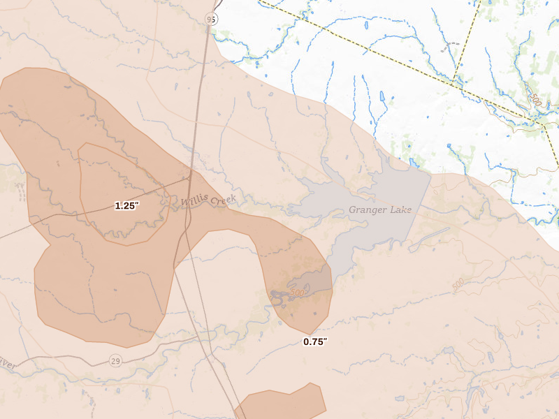 Radar-estimated hail-size map of the storm over Granger, TX