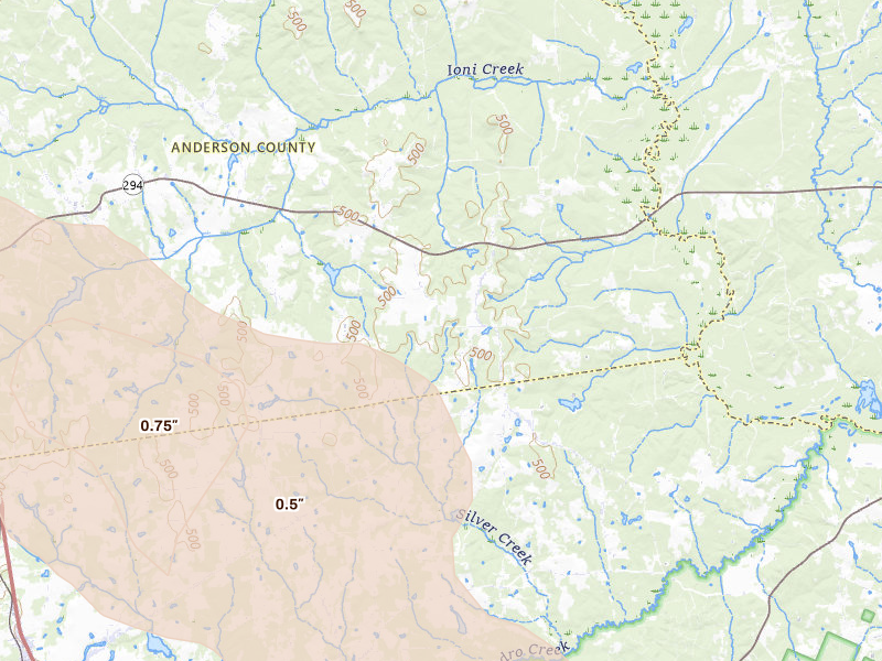 Radar-estimated hail-size map of the storm over Grapeland, TX on Mar 15, 2026