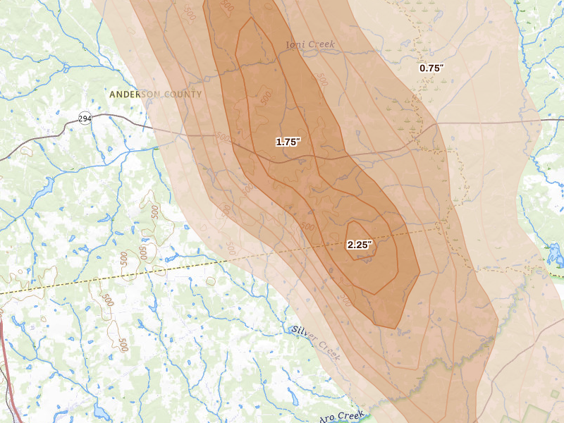 Radar-estimated hail-size map of the storm over Grapeland, TX on Apr 24, 2026