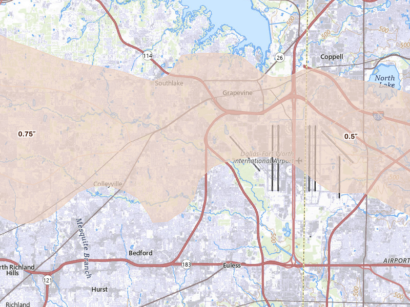 Radar-estimated hail-size map of the storm over Grapevine, TX on Apr 28, 2026