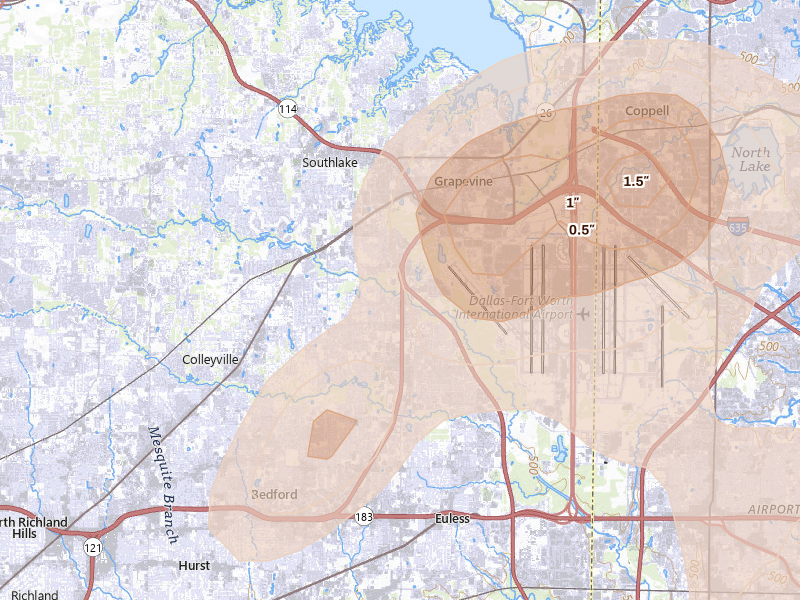 Radar-estimated hail-size map of the storm over Grapevine, TX on Jun 2, 2026