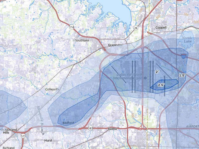 NEXRAD radar-signature map of the hail over Grapevine, TX