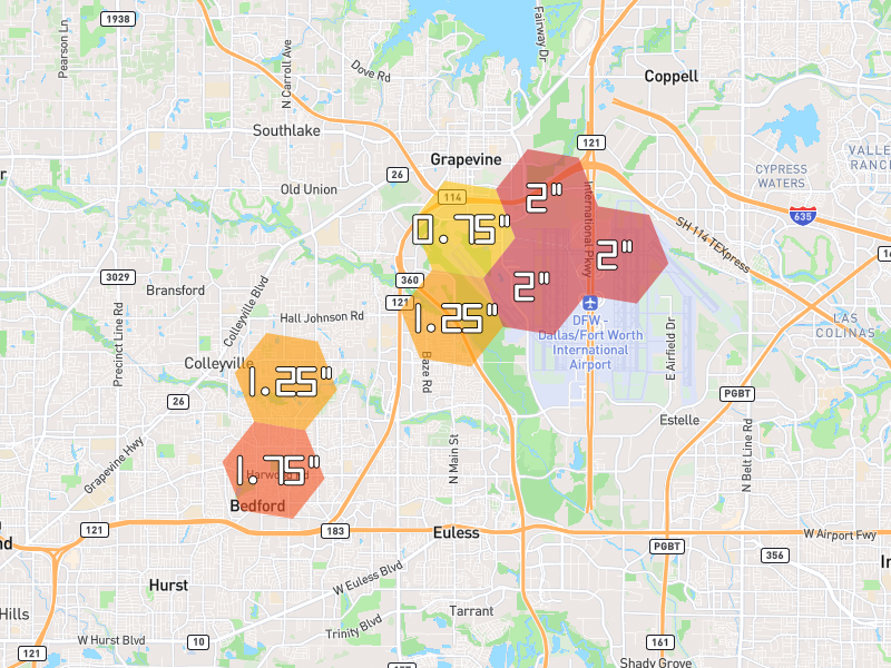 Hail map of Grapevine, TX on Jun 2, 2026, hail up to 2"
