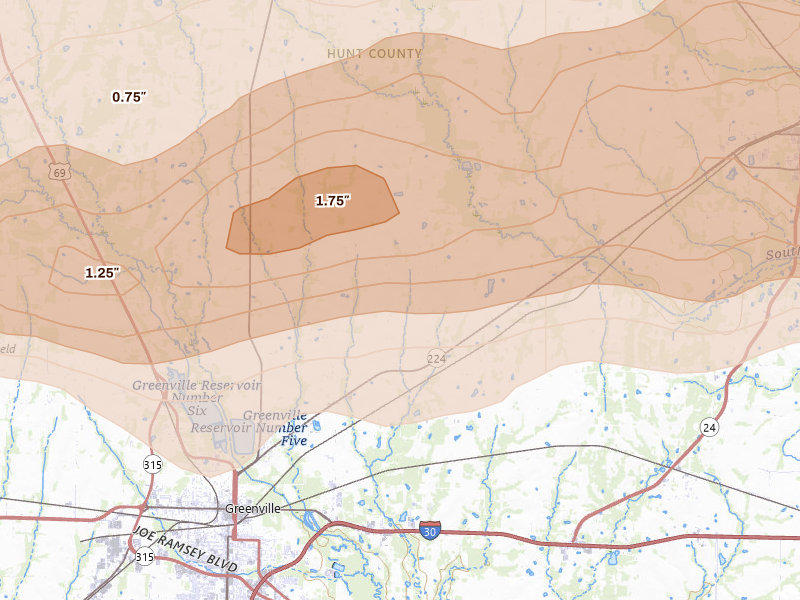 Radar-estimated hail-size map of the storm over Greenville, TX on Apr 27, 2026