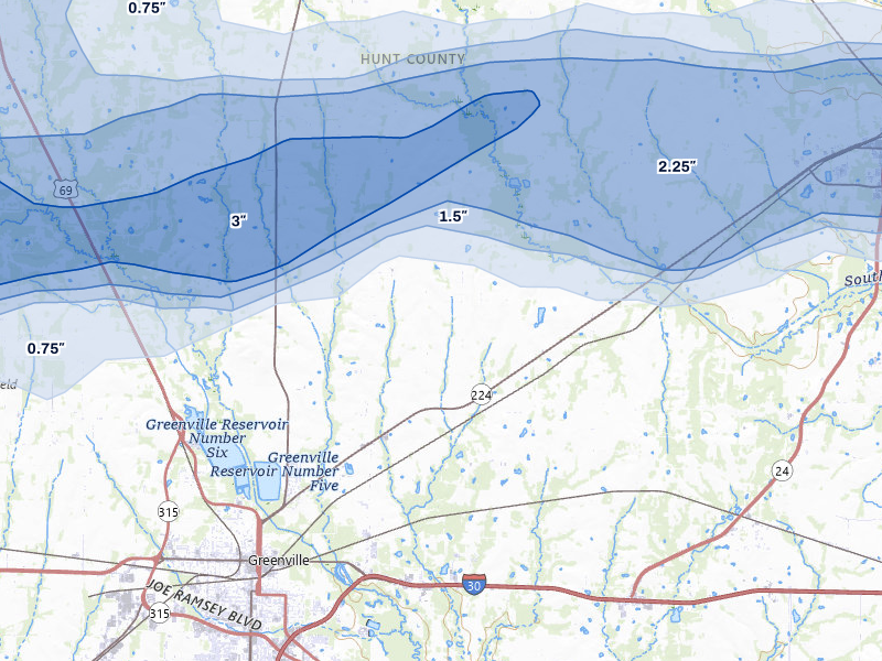NEXRAD radar-signature map of the hail over Greenville, TX