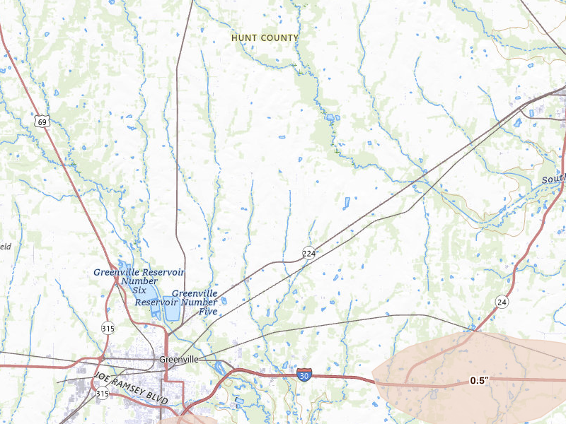 Radar-estimated hail-size map of the storm over Greenville, TX on May 8, 2026
