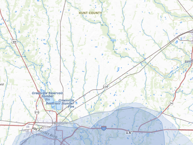 NEXRAD radar-signature map of the hail storm over Greenville, TX on May 8, 2026