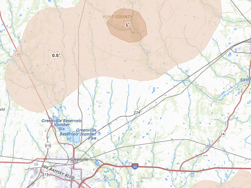 Radar-estimated hail-size map of the storm over Greenville, TX on May 22, 2026