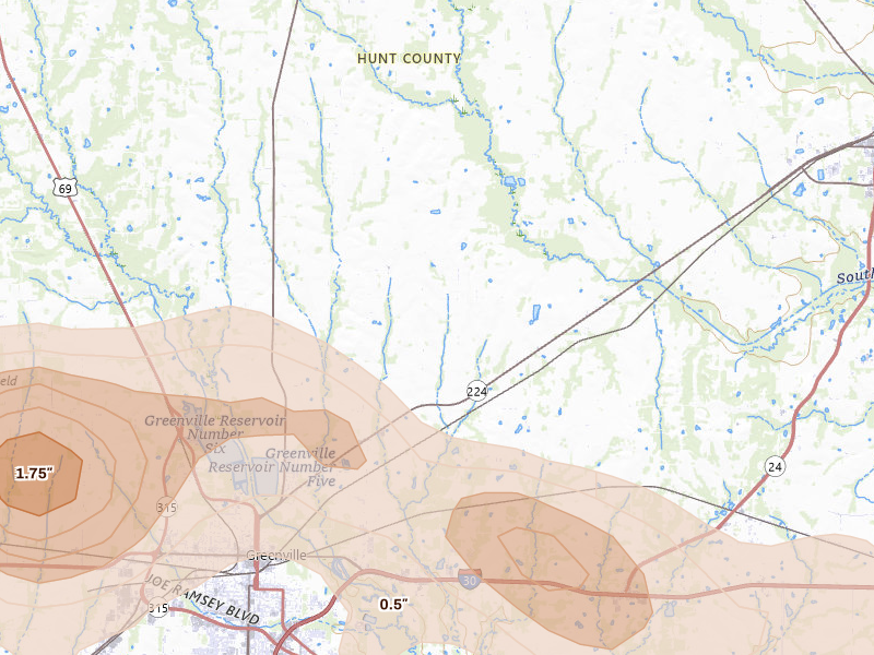 Radar-estimated hail-size map of the storm over Greenville, TX on Jul 6, 2026