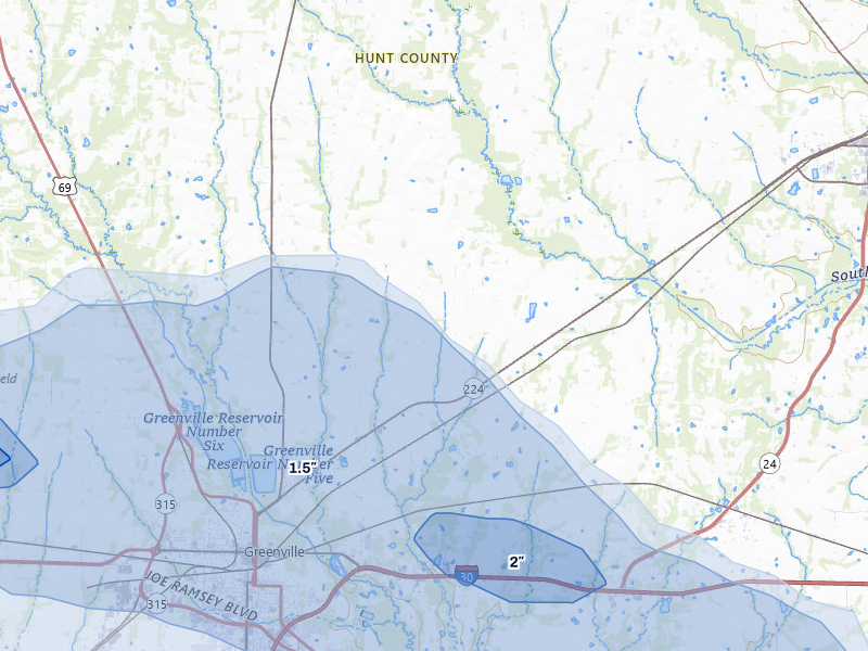 NEXRAD radar-signature map of the hail storm over Greenville, TX on Jul 6, 2026