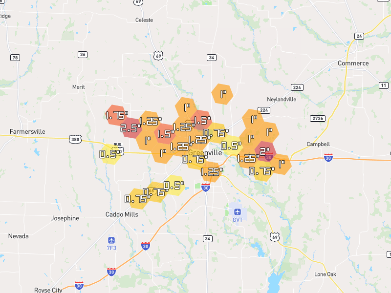 Hail map of Greenville, TX on Jul 7, 2026, hail up to 2.5"