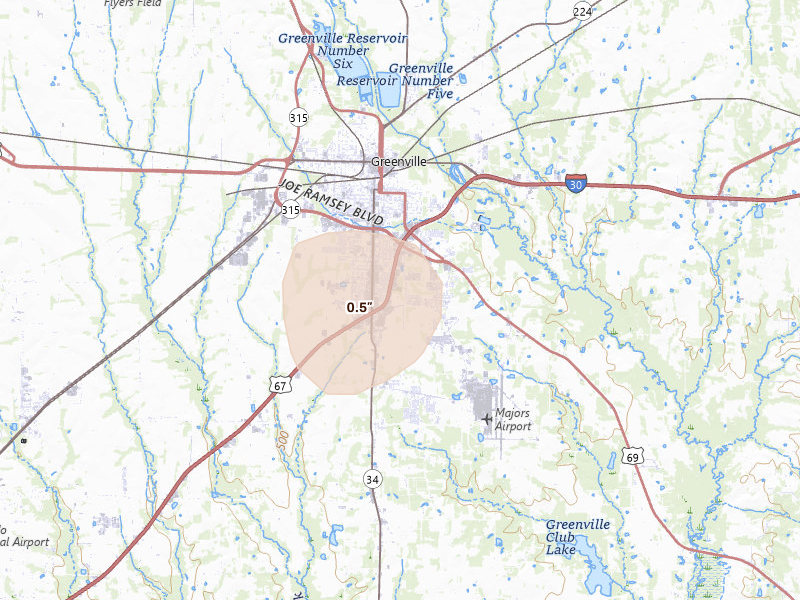 Radar-estimated hail-size map of the storm over Greenville, TX on Aug 7, 2026