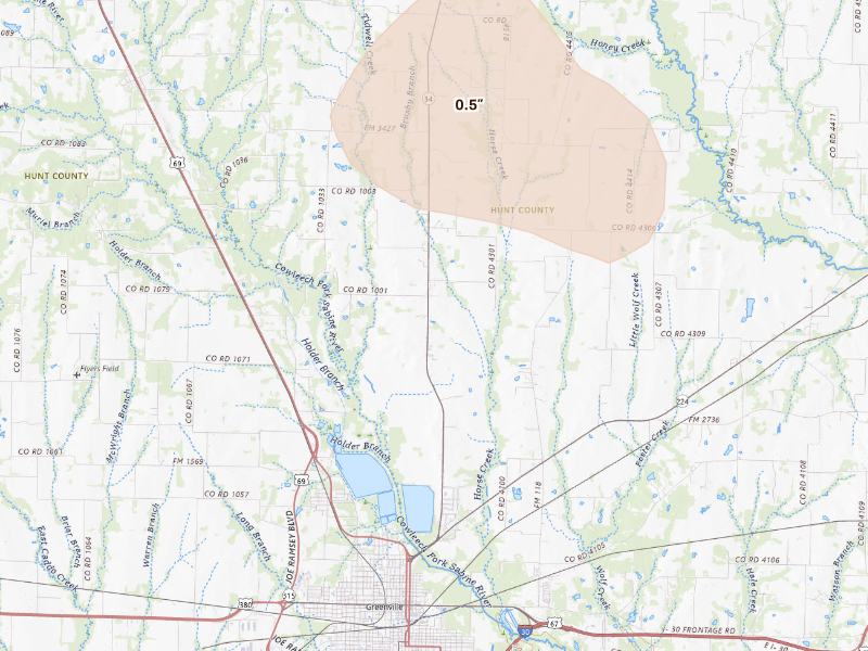 Radar-estimated hail-size map of the storm over Greenville, TX