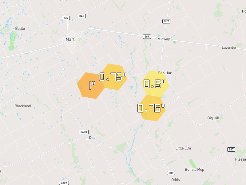 Hail map of Groesbeck, TX on Jun 2, 2026, hail up to 1"