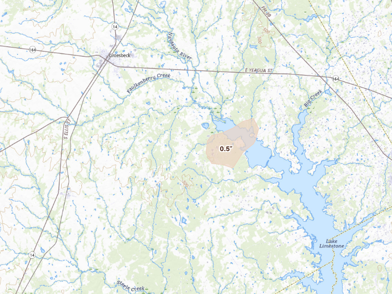 Radar-estimated hail-size map of the storm over Groesbeck, TX on Jun 6, 2026