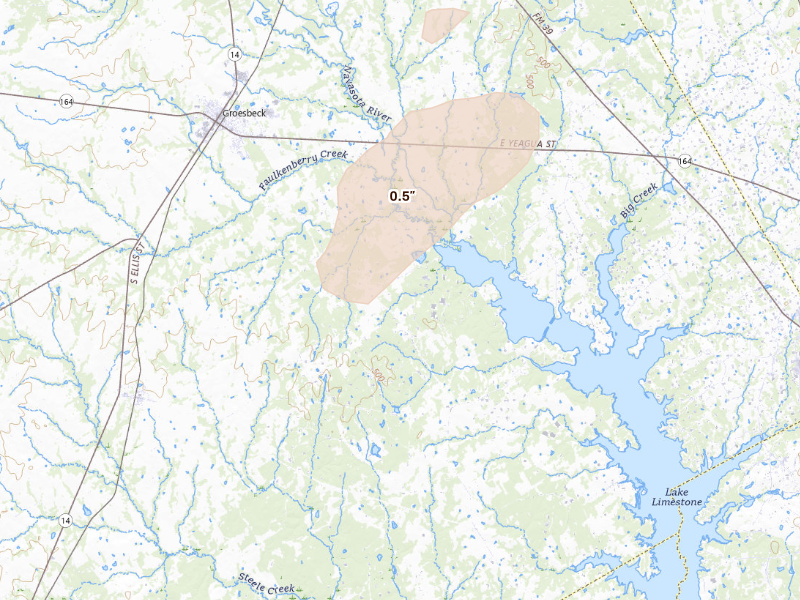Radar-estimated hail-size map of the storm over Groesbeck, TX on Jun 19, 2026