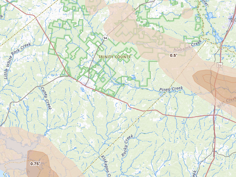 Radar-estimated hail-size map of the storm over Groveton, TX on Mar 15, 2026
