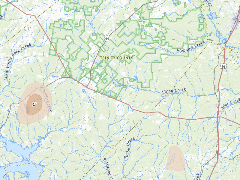 Radar-estimated hail-size map of the storm over Groveton, TX on May 23, 2026