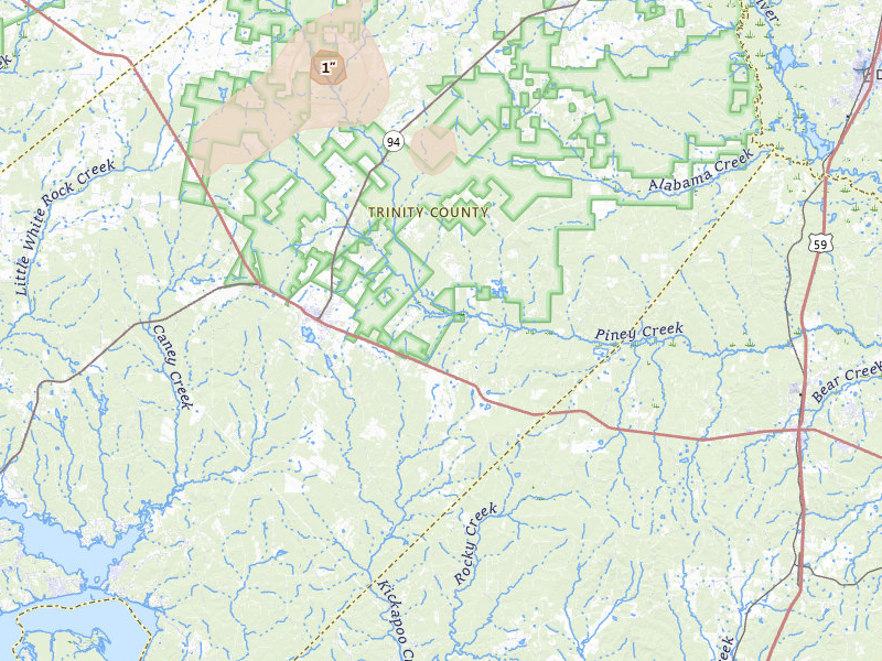Radar-estimated hail-size map of the storm over Groveton, TX on Jul 5, 2026