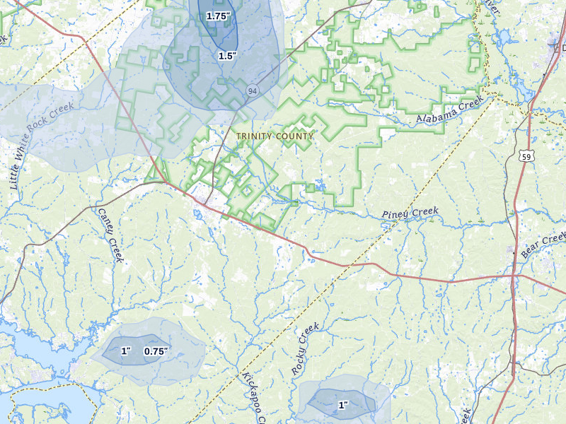 NEXRAD radar-signature map of the hail storm over Groveton, TX on Jul 5, 2026