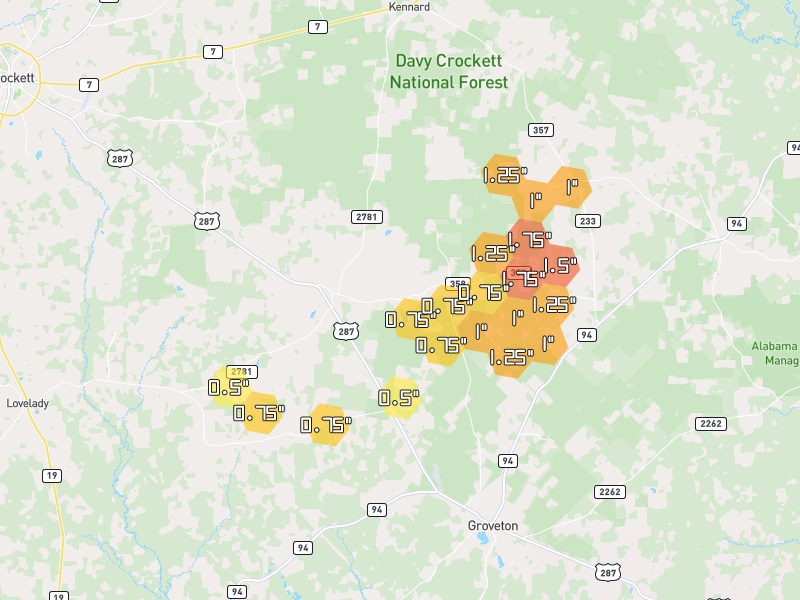 Hail map of Groveton, TX on Jul 5, 2026, hail up to 1.75"