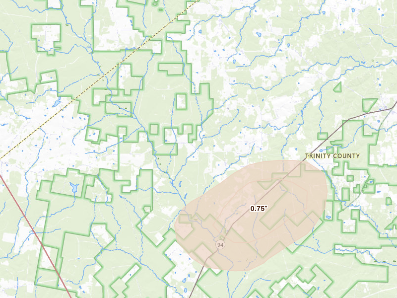 Radar-estimated hail-size map of the storm over Groveton, TX on Aug 27, 2026