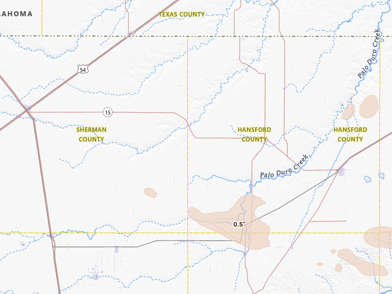 Radar-estimated hail-size map of the storm over Gruver, TX on Jun 23, 2026