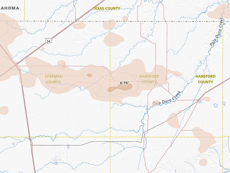 Radar-estimated hail-size map of the storm over Gruver, TX on Jun 26, 2026