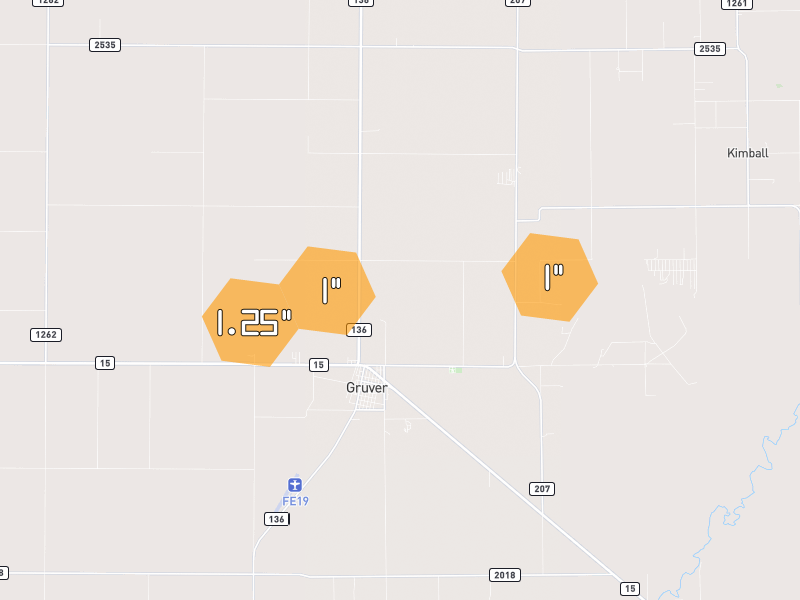 Hail map of Gruver, TX on Jun 27, 2026, hail up to 1.25"