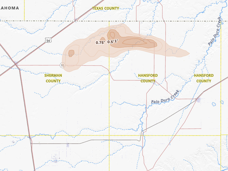Radar-estimated hail-size map of the storm over Gruver, TX on Jul 3, 2026