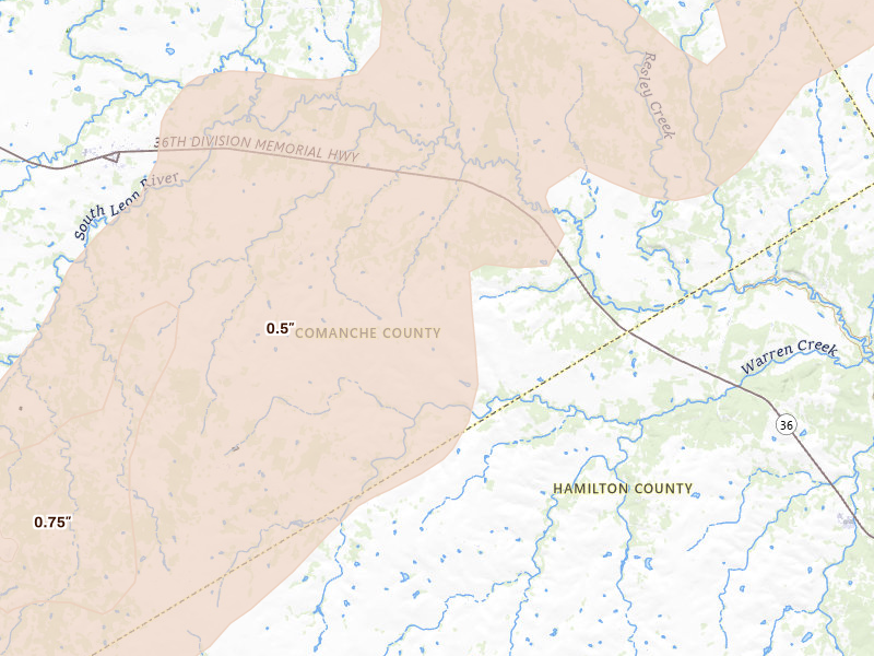 Radar-estimated hail-size map of the storm over Gustine, TX