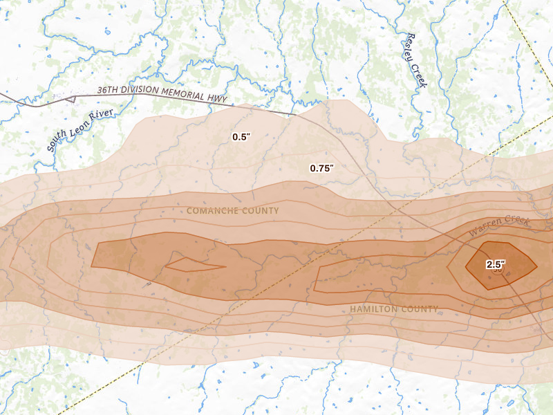 Radar-estimated hail-size map of the storm over Gustine, TX on Apr 29, 2026