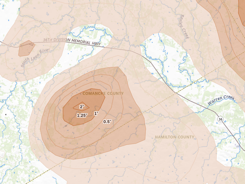 Radar-estimated hail-size map of the storm over Gustine, TX on May 10, 2026