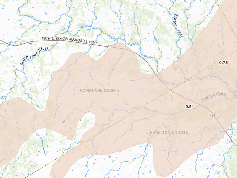 Radar-estimated hail-size map of the storm over Gustine, TX on Jun 6, 2026