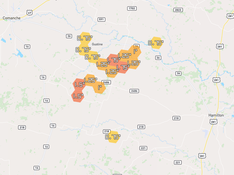 Hail map of Gustine, TX on Jun 7, 2026, hail up to 1.75"