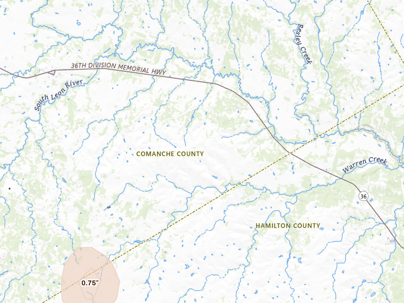Radar-estimated hail-size map of the storm over Gustine, TX on Jul 6, 2026