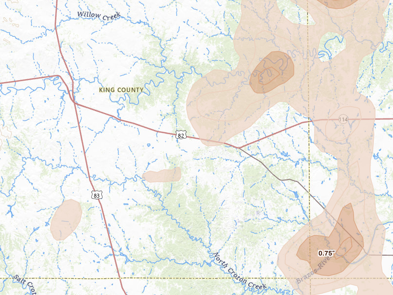 Radar-estimated hail-size map of the storm over Guthrie, TX on Jul 5, 2026