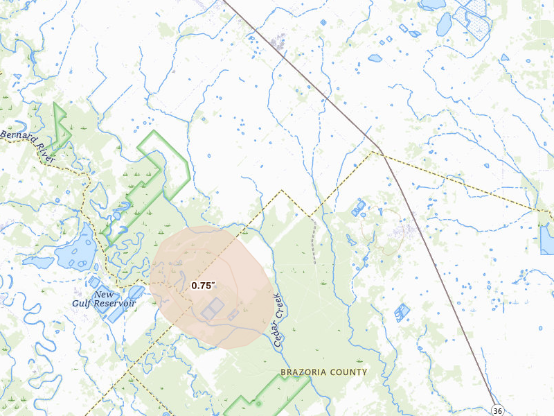 Radar-estimated hail-size map of the storm over Guy, TX on Apr 22, 2026