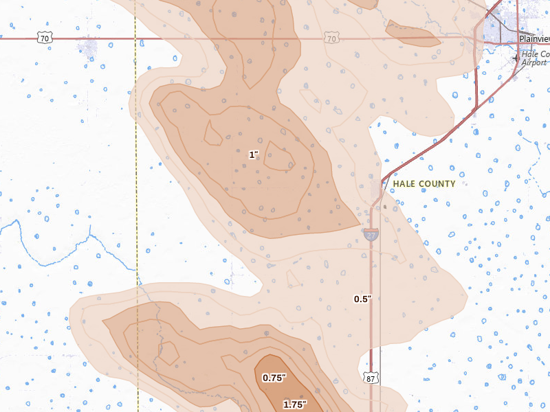 Radar-estimated hail-size map of the storm over Hale Center, TX on Jun 23, 2026