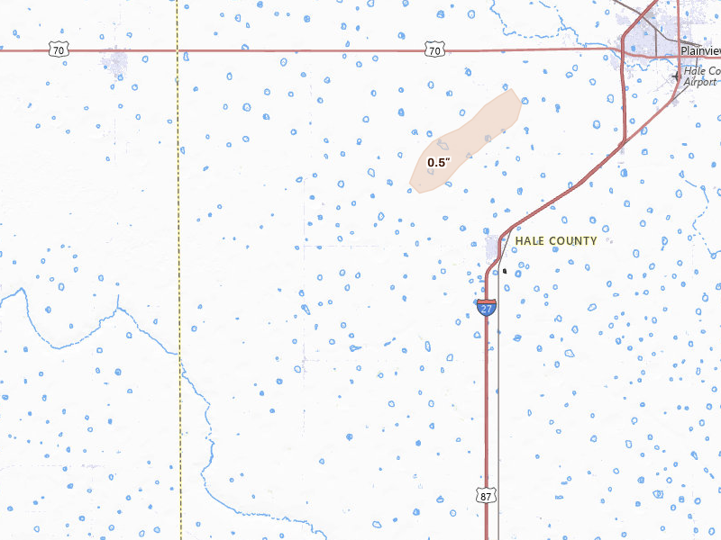 Radar-estimated hail-size map of the storm over Hale Center, TX on Jun 29, 2026