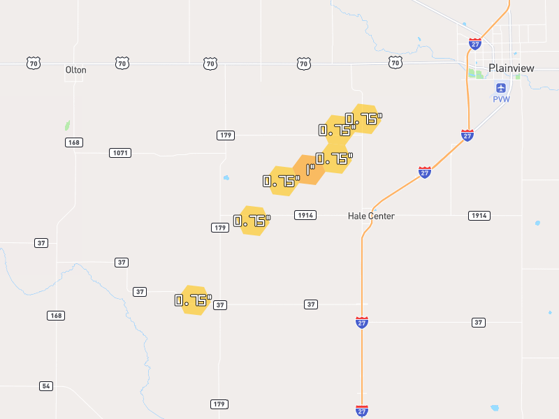 Hail map of Hale Center, TX on Jun 30, 2026, hail up to 1"