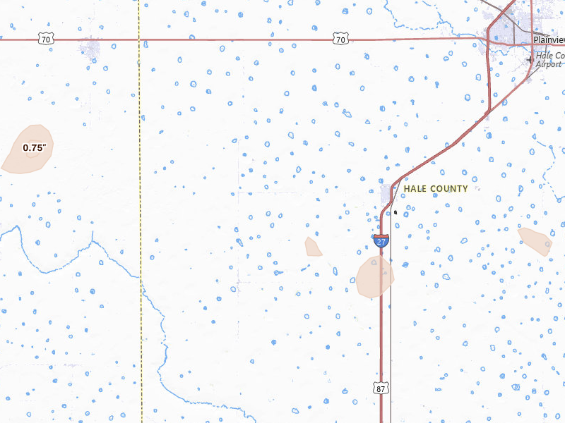 Radar-estimated hail-size map of the storm over Hale Center, TX on Jul 31, 2026