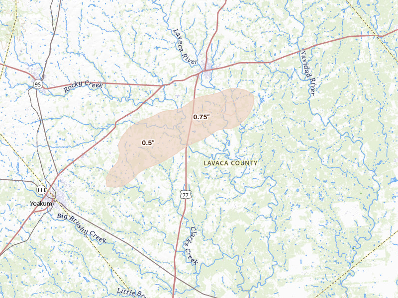 Radar-estimated hail-size map of the storm over Hallettsville, TX on Jan 9, 2026