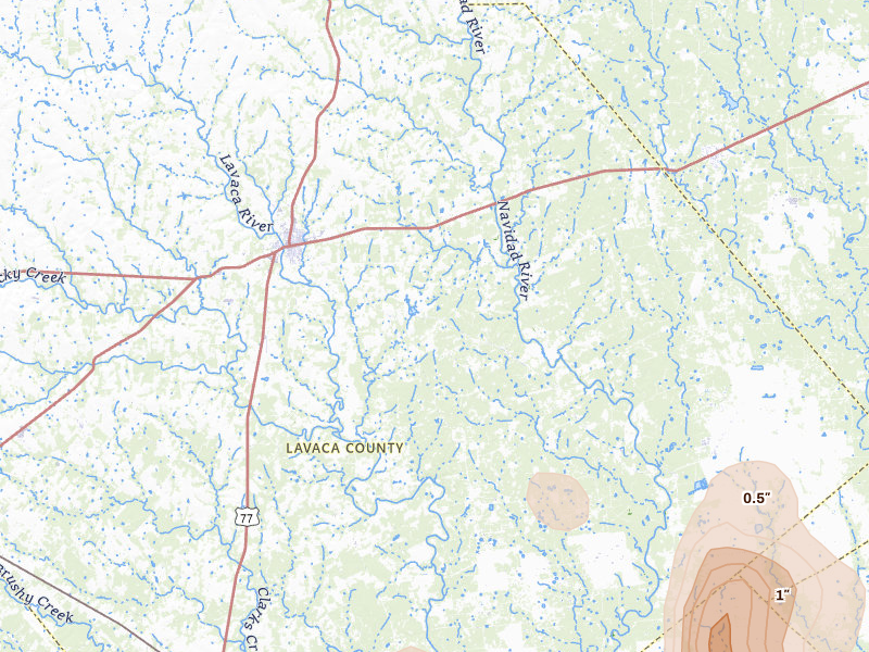 Radar-estimated hail-size map of the storm over Hallettsville, TX on Apr 22, 2026
